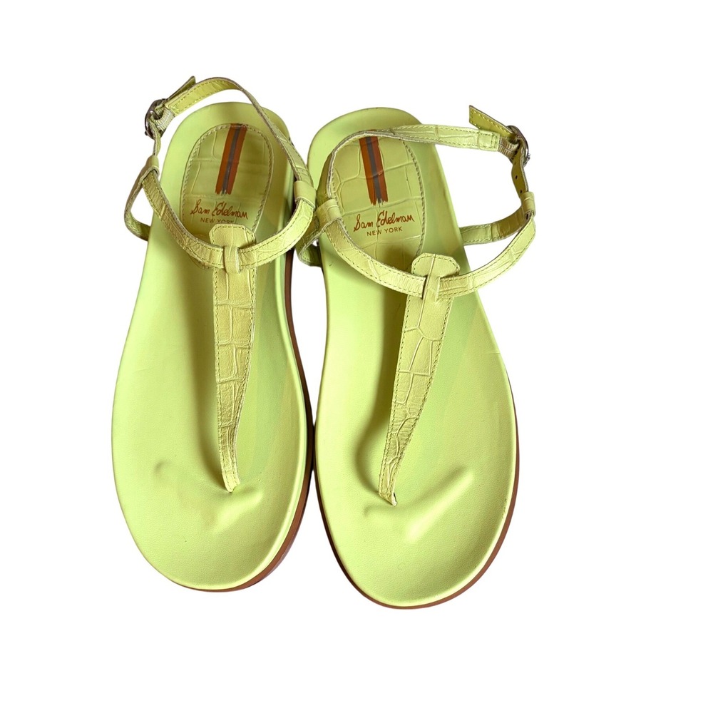 Sam Edelman Naomi Lime Green Croc Embossed Leather T-Strap Flat Sandals 7M